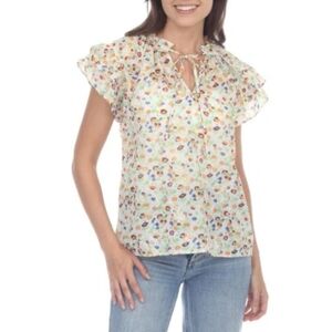 Rain Floral Ruffle Cap Sleeve Tie-Neck Blouse